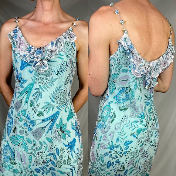 ICE silk floral fairy slip dress rosette straps ruffle asymmetrical vintage Y2K - Picture 14 of 16